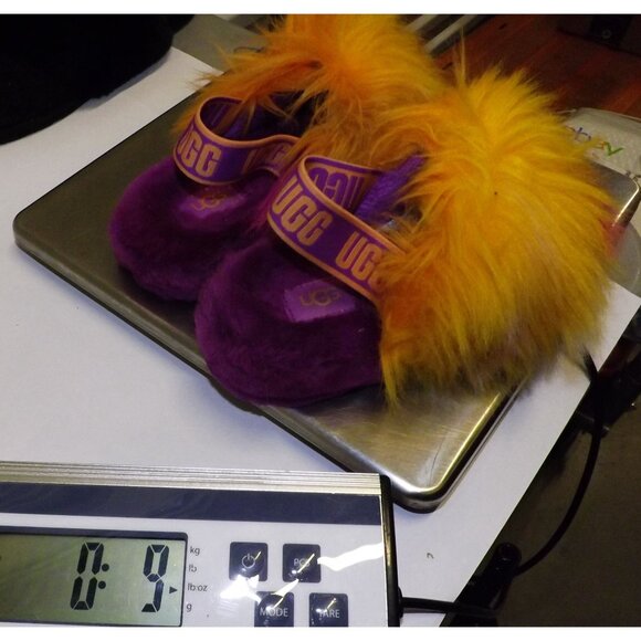 UGG Girls Fluffy Oh Yeah Fuzzy Slippers Size 13 Purple Yellow Faux Fur - Picture 8 of 8